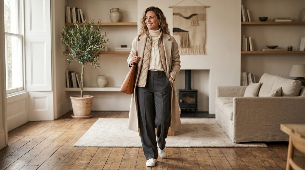 Full-body fashion shot of a confident woman in sophisticated