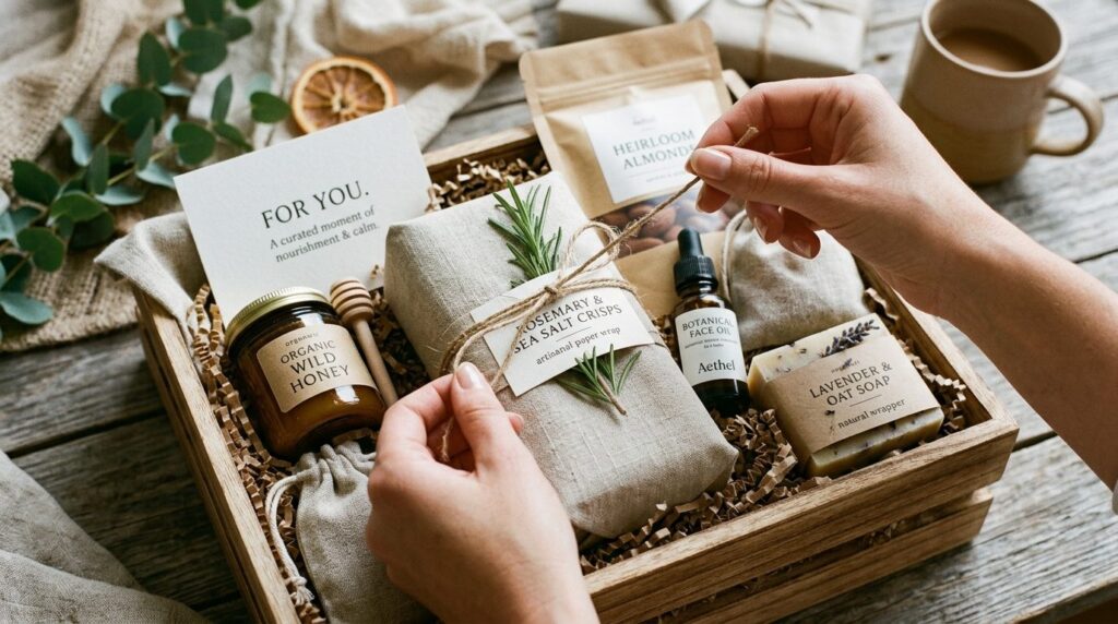 Close-up detail of an elegant gift curation experience showi