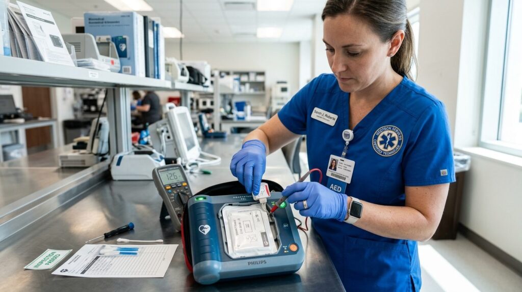 Close-up of a certified technician in medical uniform perfor