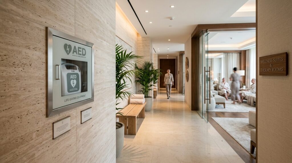 Upscale luxury spa and wellness resort interior with AED def