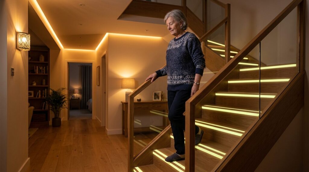 Wellness and home safety concept: serene nighttime home inte