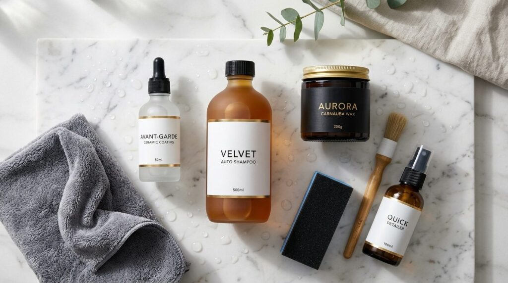 Aesthetic flat lay composition: premium car care products in