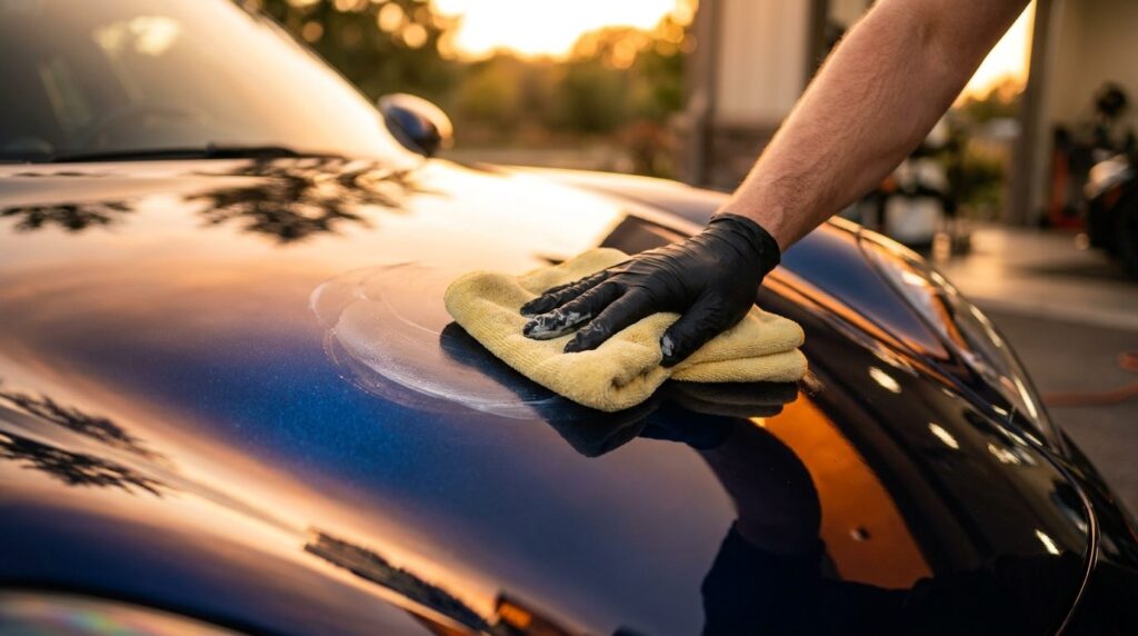 Close-up detail shot: hand applying protective car polish or