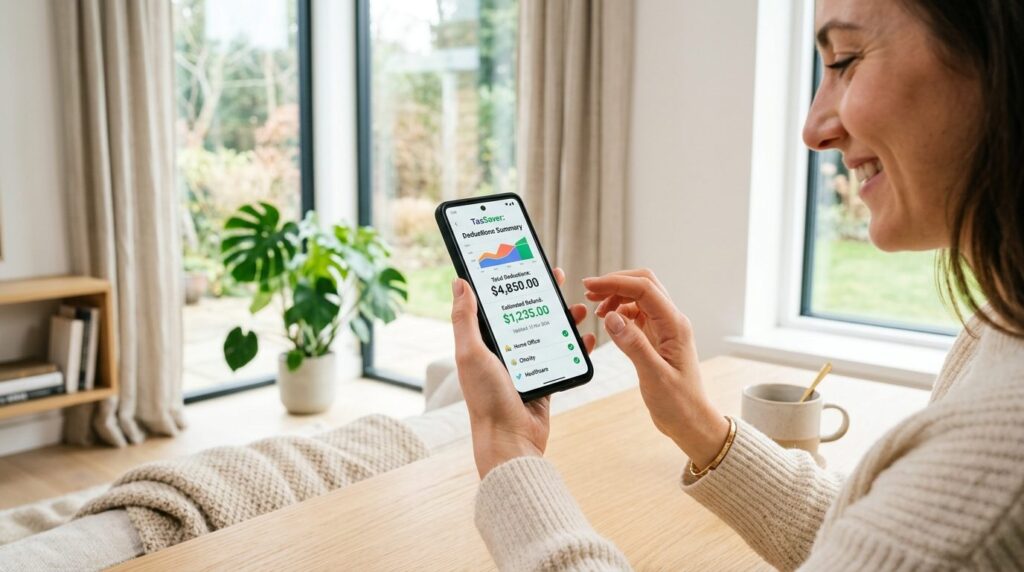 Close-up of womans hands holding smartphone showing tax ded