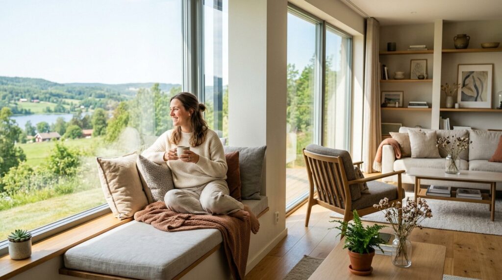 Bright sunlit living room interior with crystal-clear window