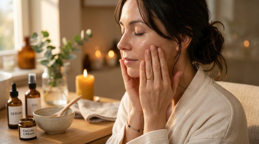 Close-up of a womans hands gently touching her face during
