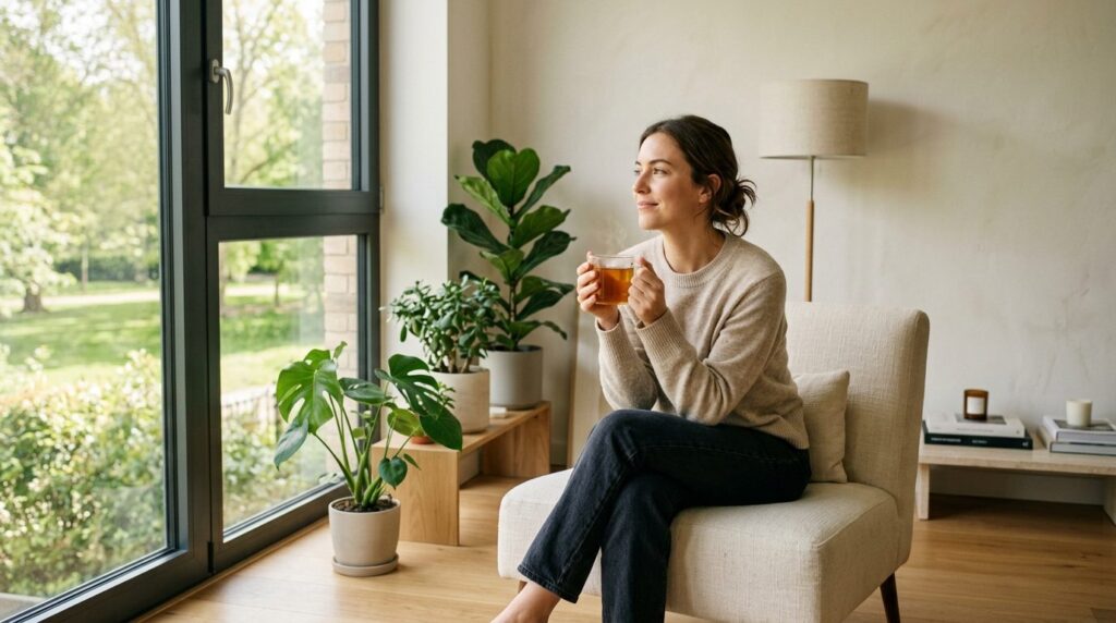 Woman sitting peacefully in a modern minimalist interior, lo