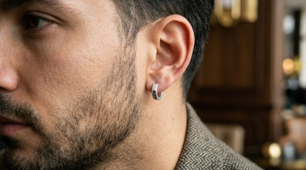 Detailed close-up of a mans ear wearing a sophisticated men