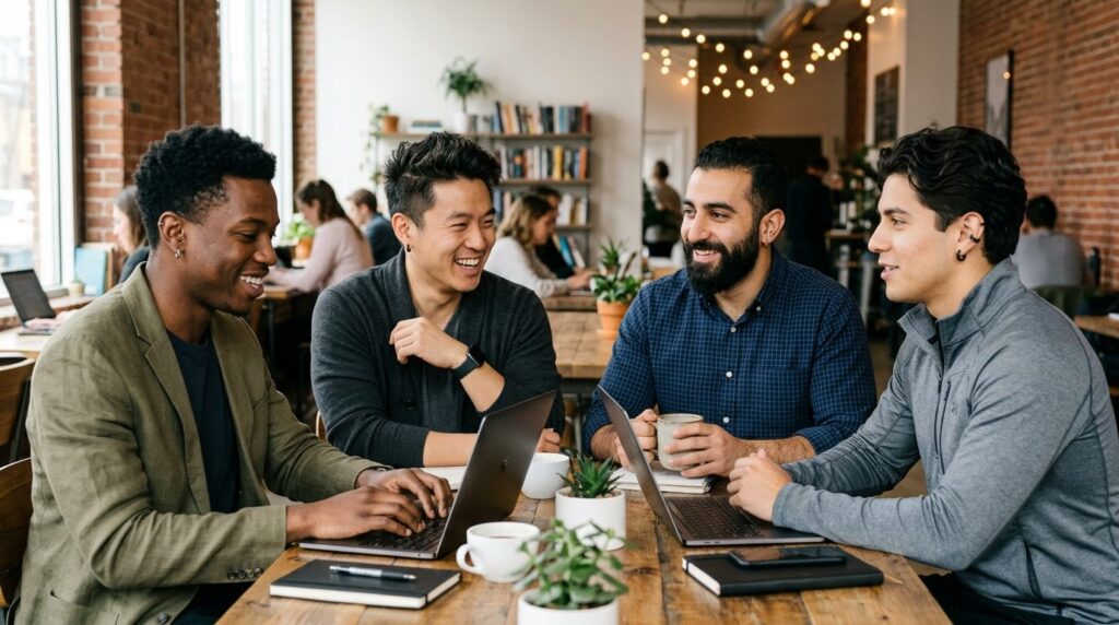 Lifestyle portrait of diverse men of varying ethnicities, sk
