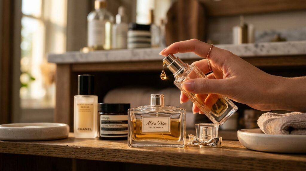 Close-up luxury fragrance preservation shot: A single opened