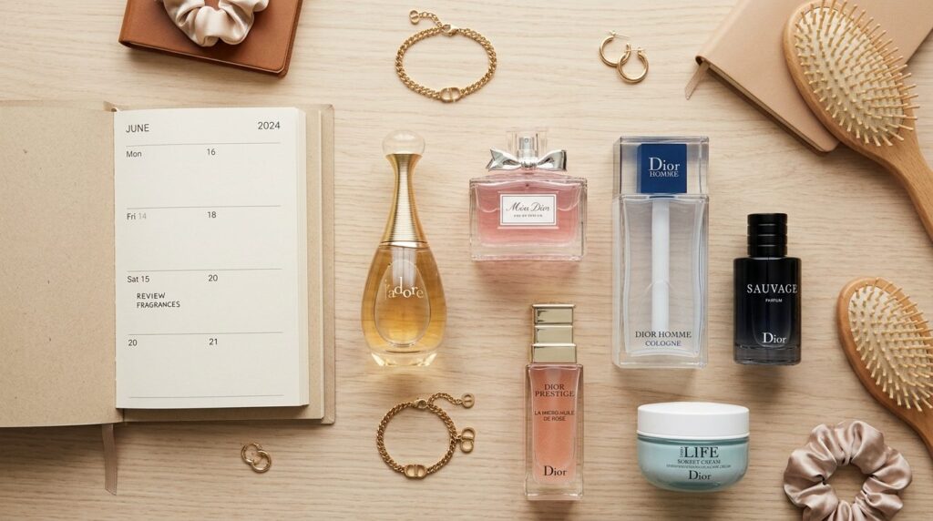 Minimalist lifestyle beauty flat-lay: Collection of Dior fra