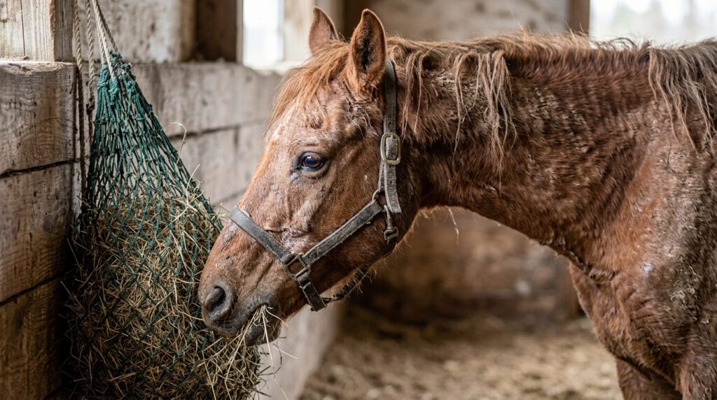 Close-up professional shot of a horses face and neck showin