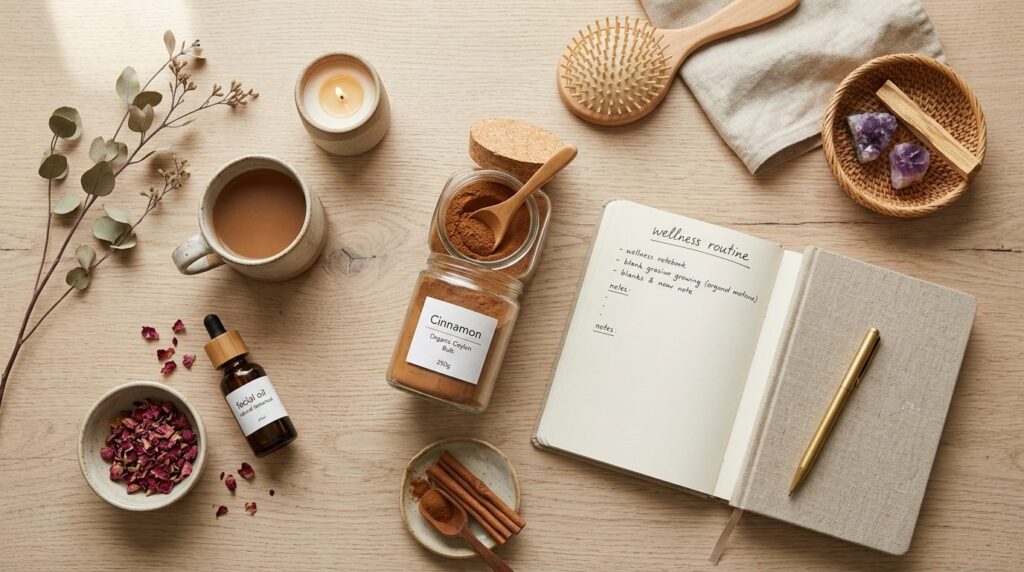 Flat-lay professional lifestyle photography in 16:9 format: 
