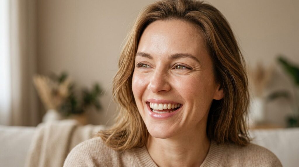 Close-up of a womans face showing her genuine smile and rel