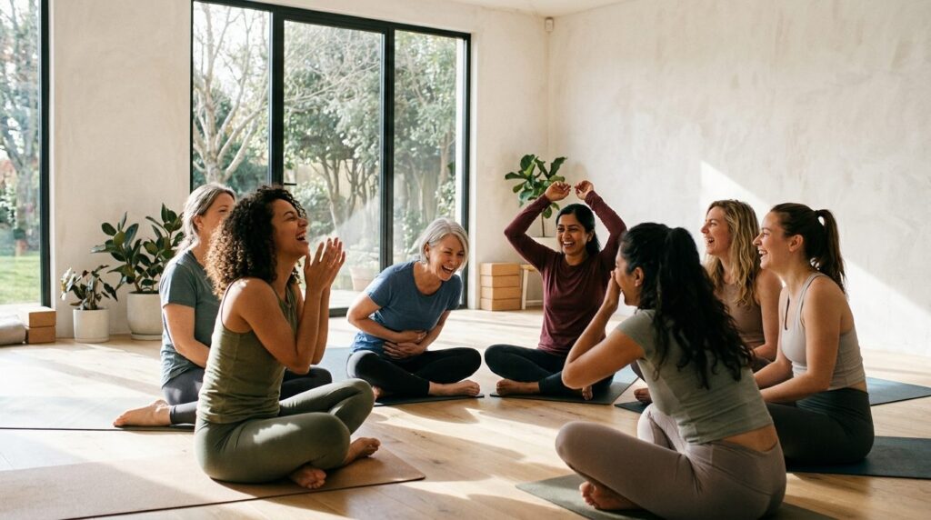 Group of diverse women in a bright, minimalist wellness stud