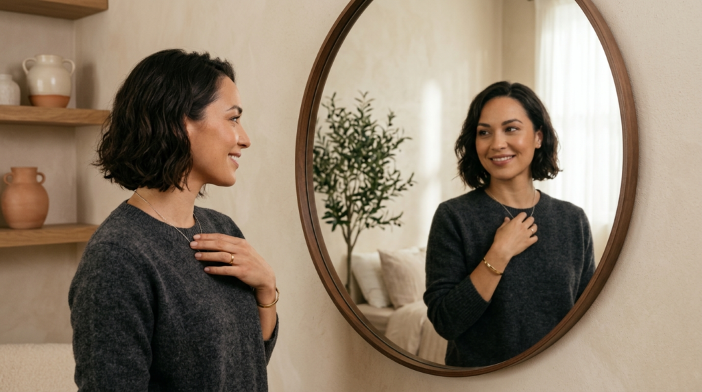 Professional photograph of a woman looking at her reflection