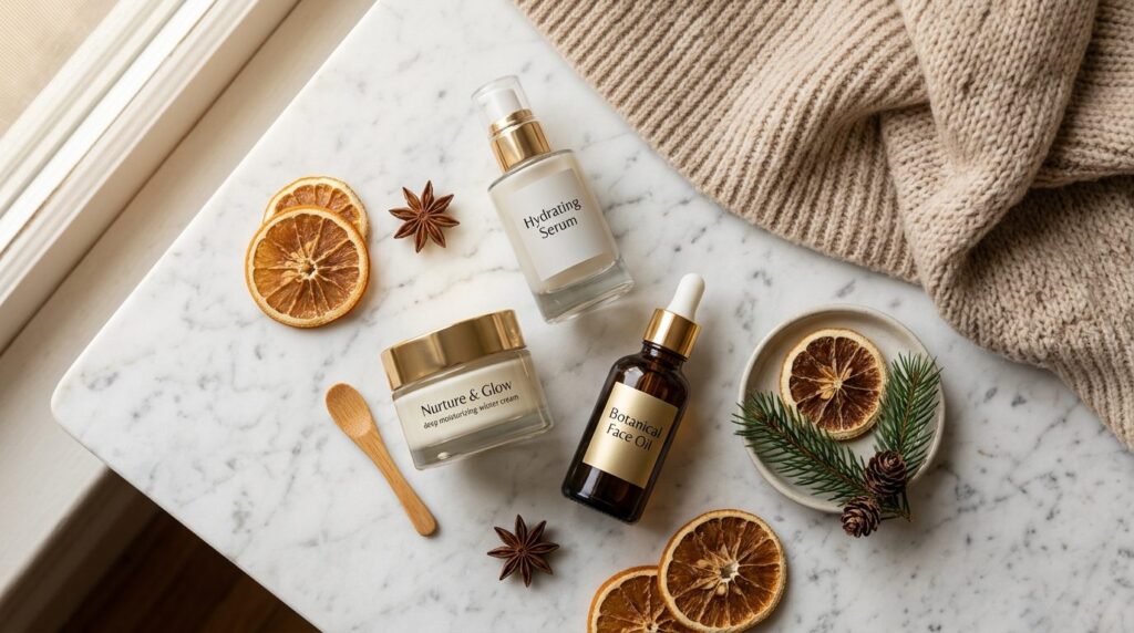 Flat lay skincare routine composition: Luxury winter skincar