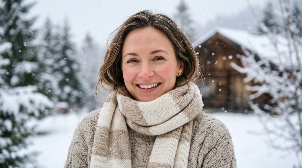 Woman outdoors in winter weather: Close-up portrait of a wom