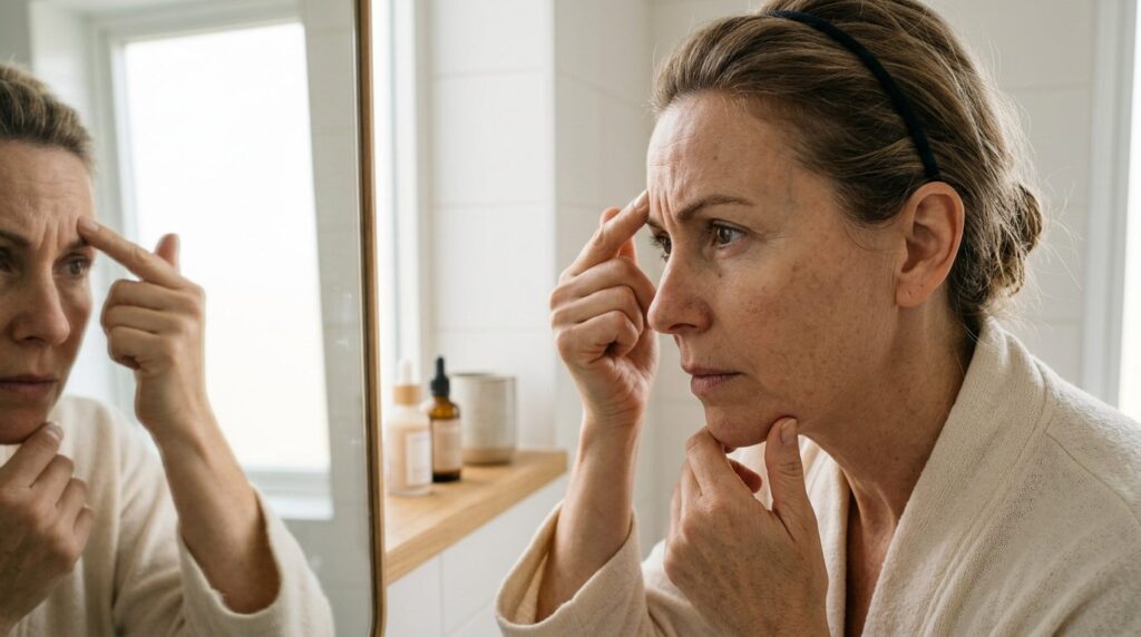 Realistic beauty skincare image, mature woman in her 40s exa