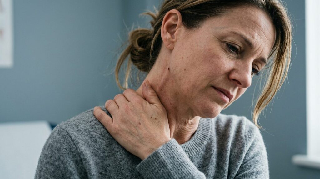 Close-up of a womans neck and shoulders showing visible ten