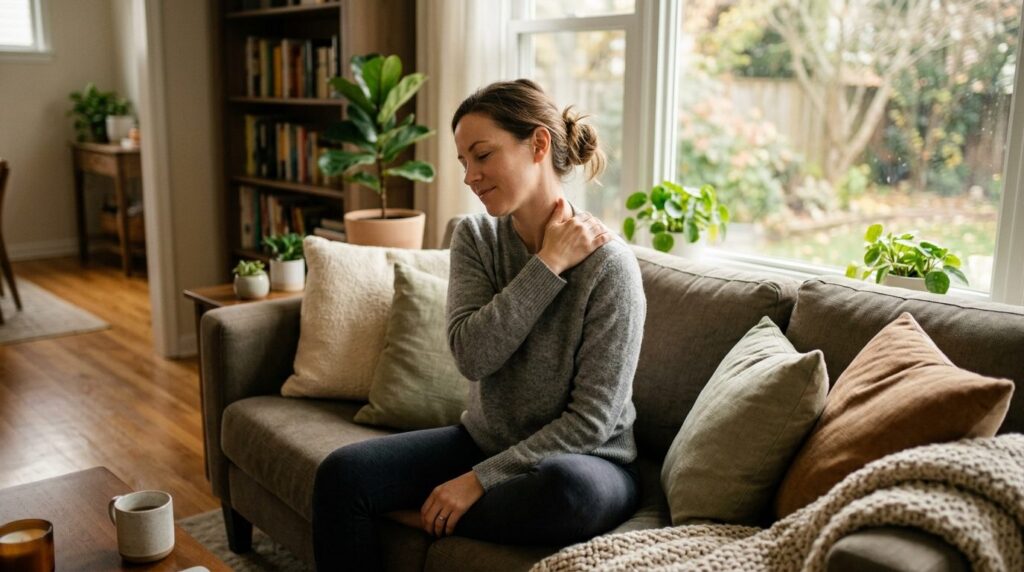 Woman at home self-massage: Peaceful female applying self-ma
