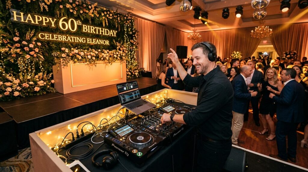 Professional photograph of a DJ booth setup at an elegant mi