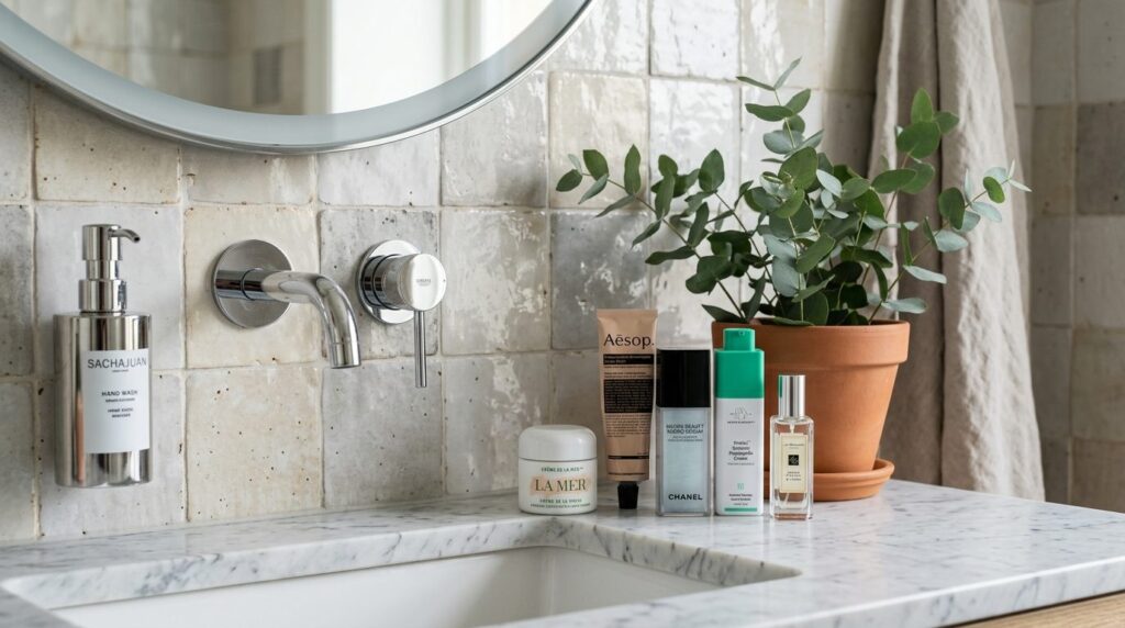 Close-up of a DIY home beauty corner setup with premium buil