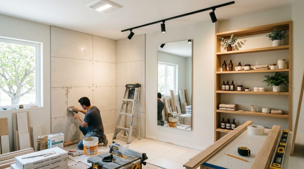 Bright, airy home wellness room renovation in progress showi