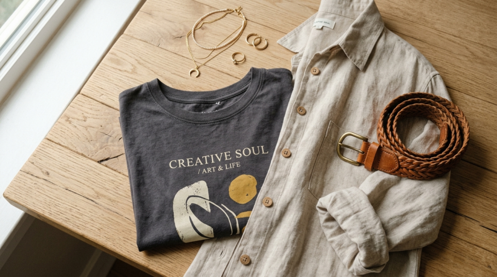 Close-up flat lay photograph of carefully curated clothing i