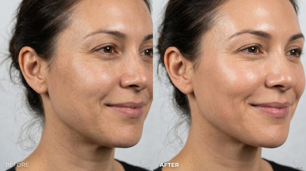 Close-up medical photography of healthy glowing skin on a wo