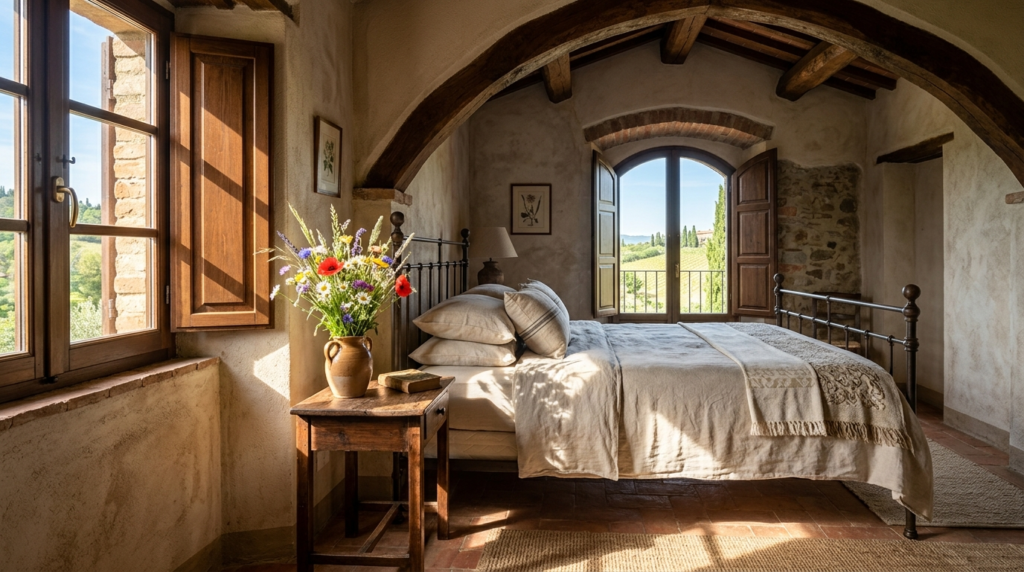 Luxurious Tuscan villa interior detail: an elegantly styled