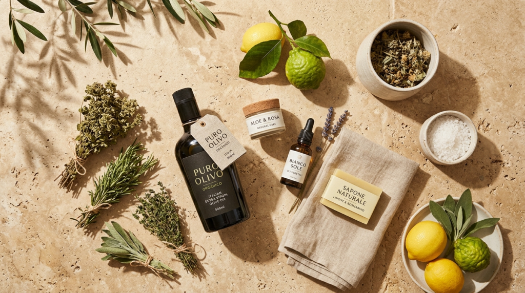 Overhead flat lay of Italian wellness essentials: organic ol