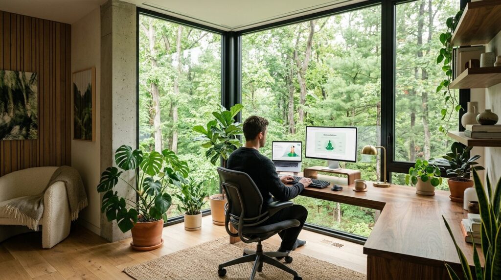 Sophisticated home office corner featuring large picture win