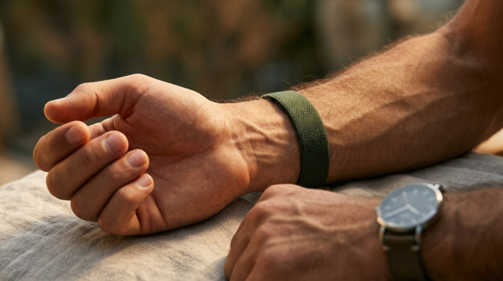 Close-up photorealistic image of male wrist showing strong p