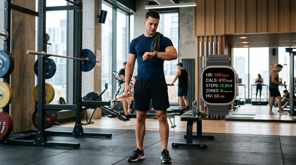 Photorealistic image of healthy male in athletic wear checki